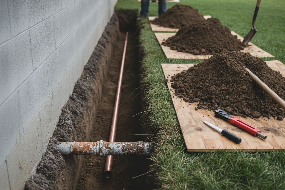 Excavated water line trench during Water Heater Repair in Langston
